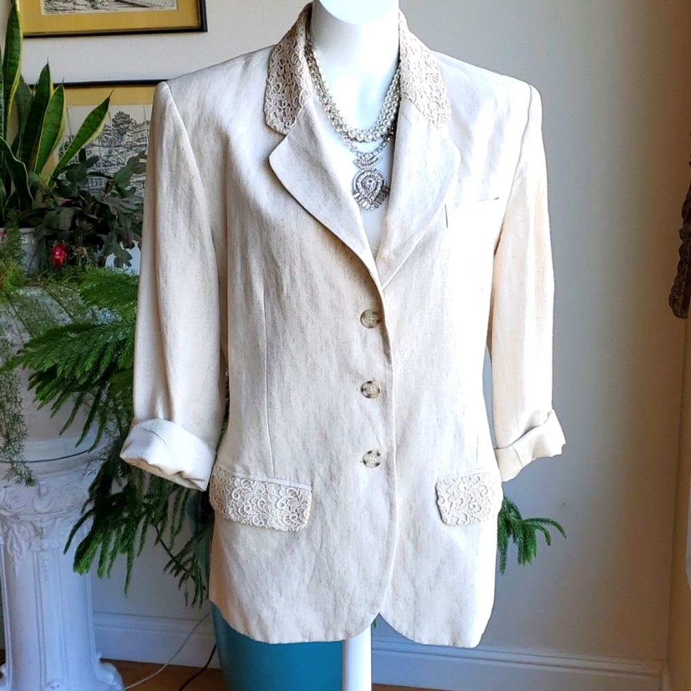 Vintage 90s Sarah Chapman Linen and Lace Blazer Jacket size 10P